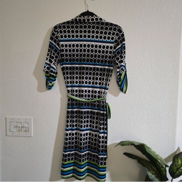 "Mlle Gabrielle" Dress, Stylish Black, Blue, Green And White Patterned Dress - Picture 8 of 16